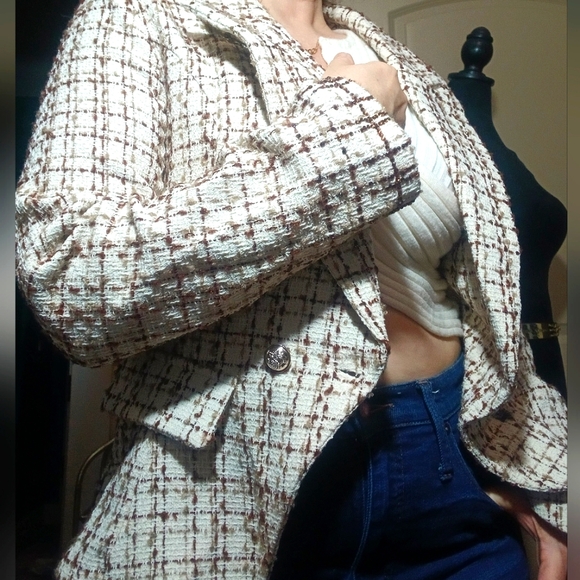 🤎 Elegant Cream Brown Crystal Lapel Jacket Chic Sparkle Size Large Embellished - Picture 7 of 7